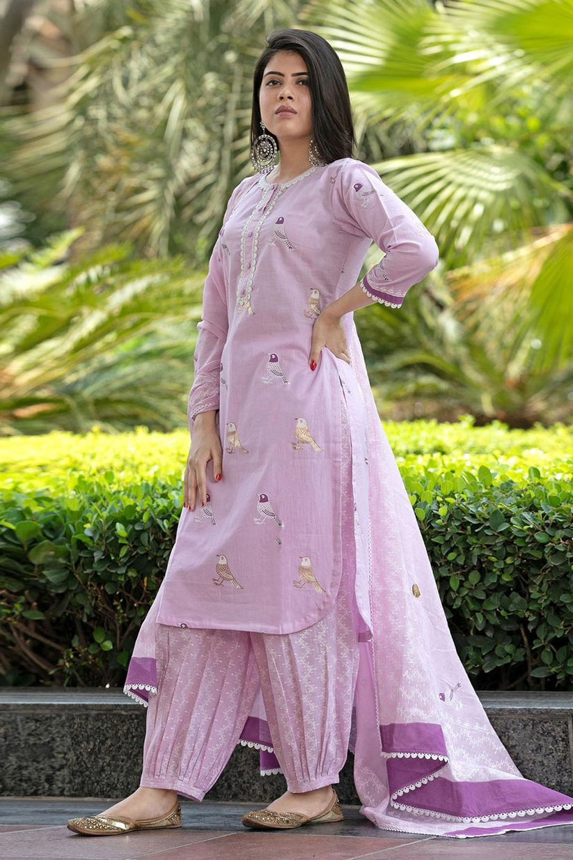 Libas Lavender Bird Motif Cotton Kurti Set