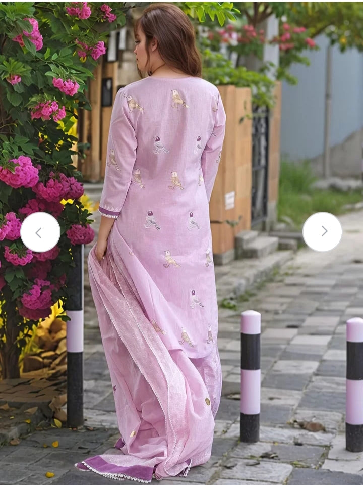 Libas Lavender Bird Motif Cotton Kurti Set
