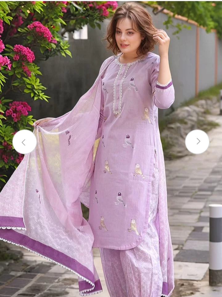 Libas Lavender Bird Motif Cotton Kurti Set