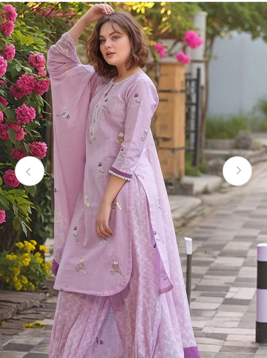 Libas Lavender Bird Motif Cotton Kurti Set