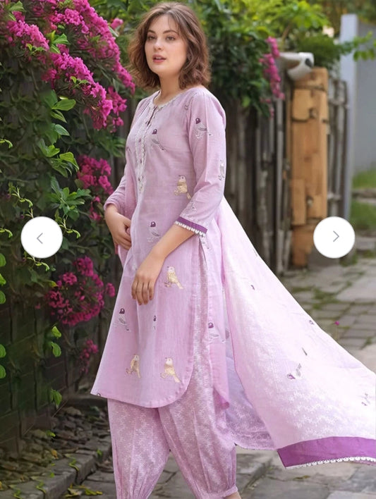 Libas Lavender Bird Motif Cotton Kurti Set