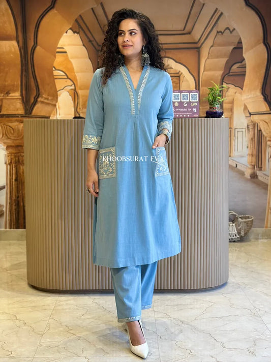 Libas Elegant Sky Blue Embroidered Cotton Kurta Set