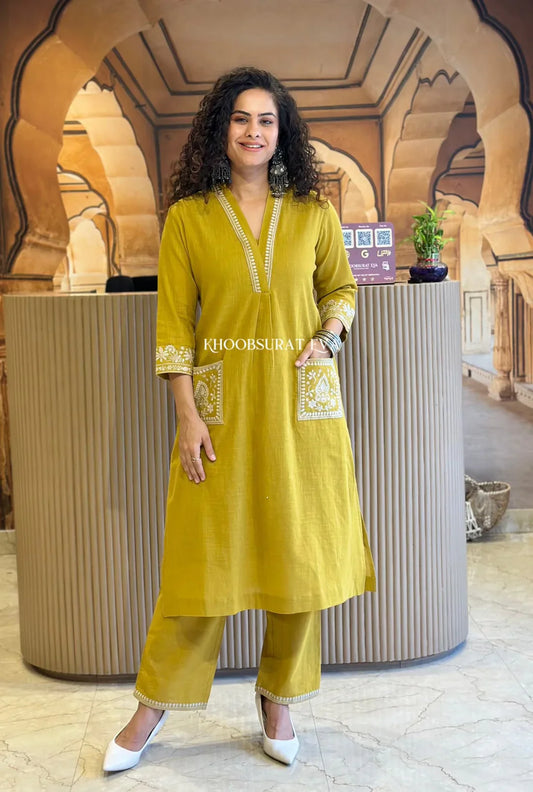 Libas Mustard Yellow Cotton Kurta With White Embroidery